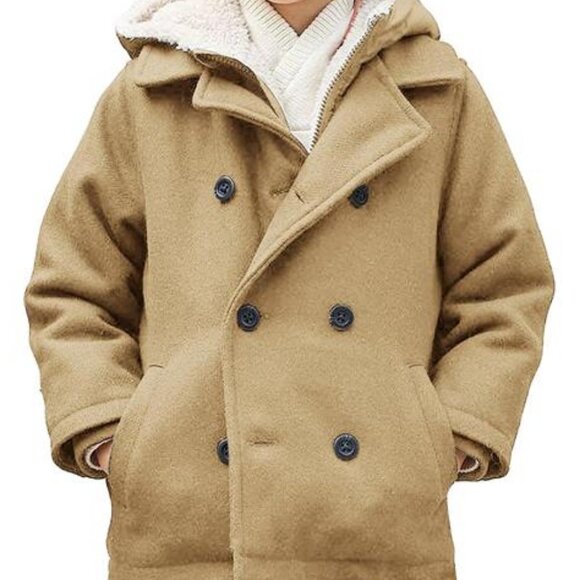 Boys Wool Blend Winter Coat Notched Collar Double Breasted Hooded